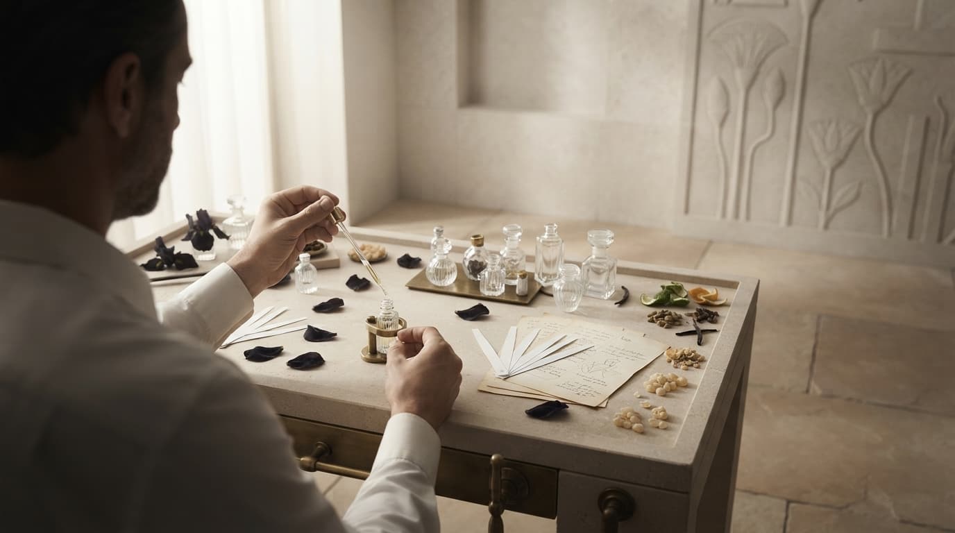 A perfumer's organ of raw materials inside the KHEM atelier