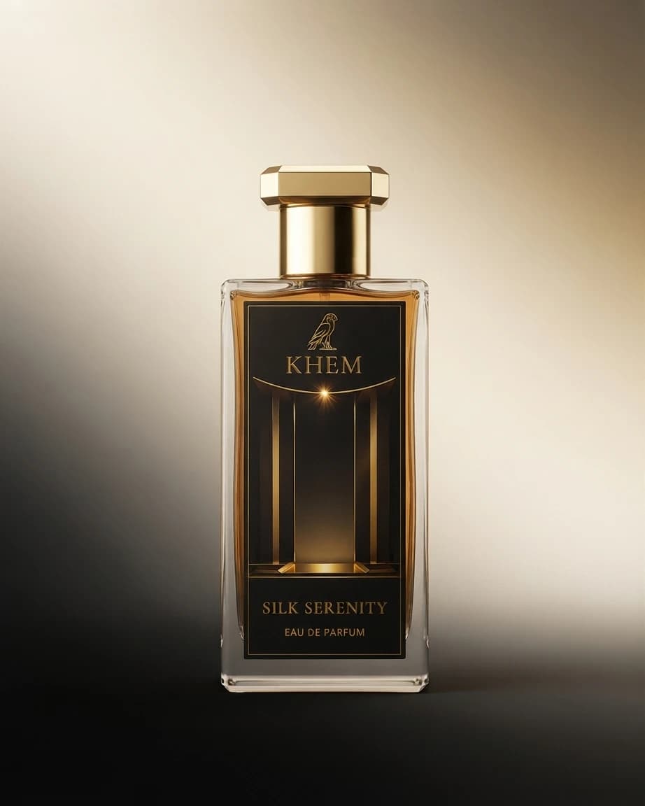 The Silk Serenity flacon against pale water-lit stone