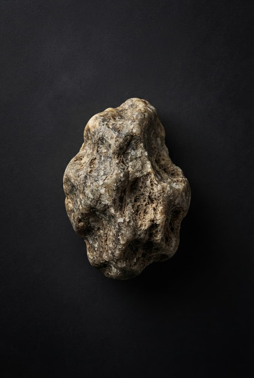 A weathered piece of ambergris against deep shadow