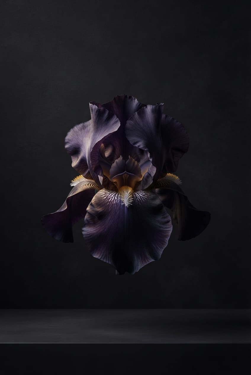 A dark iris bloom against deep shadow
