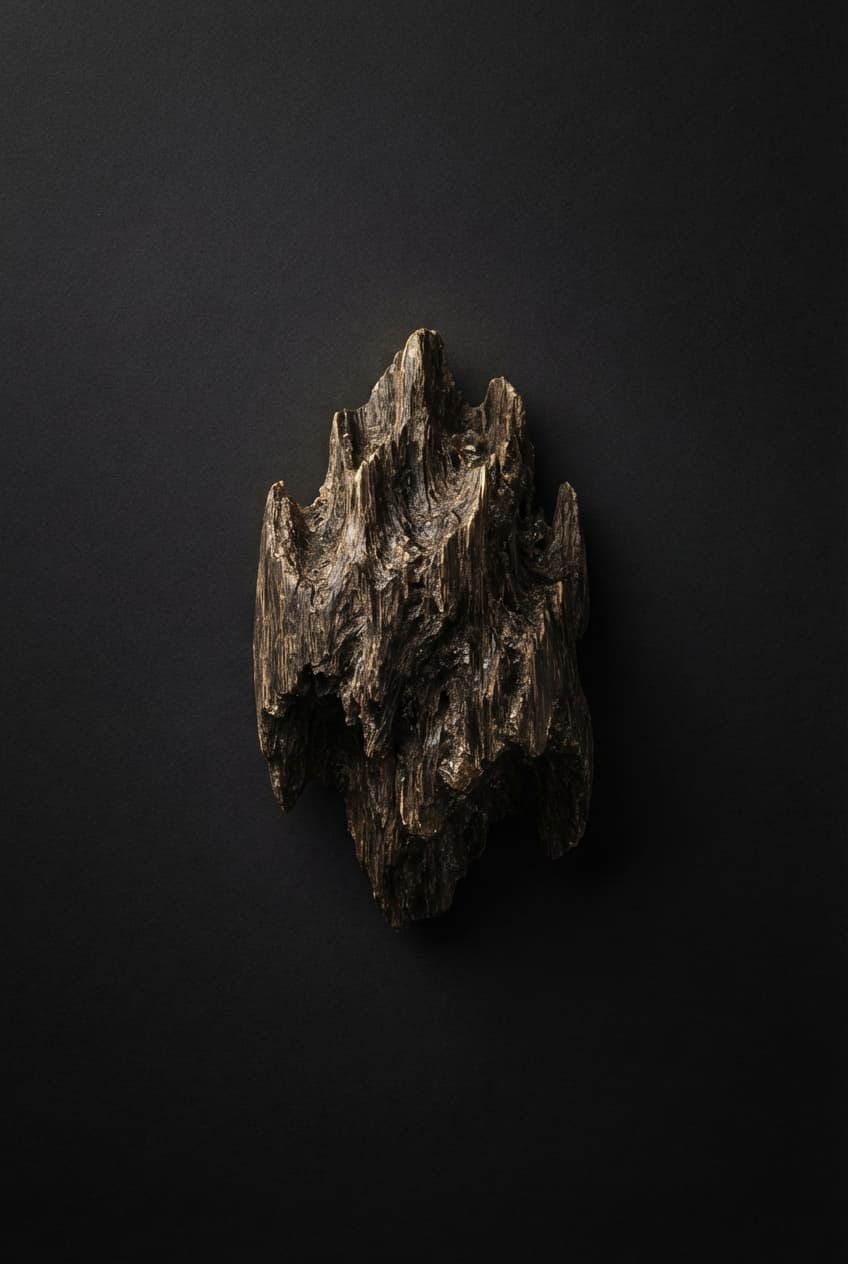 Aged oud wood chips resting on dark stone