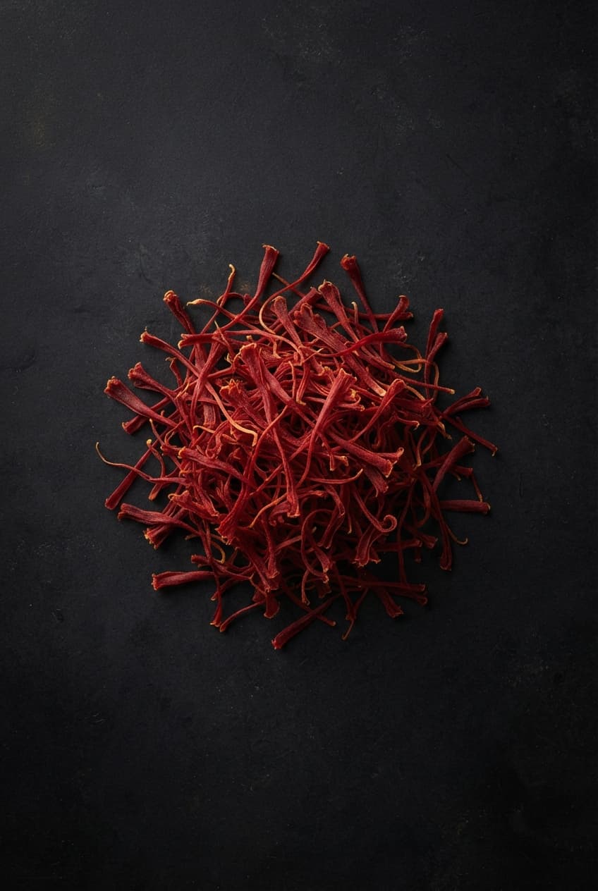 Hand-picked saffron threads gathered in a dark bowl