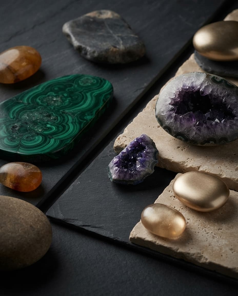 A faceted flacon throwing coloured light across dark stone