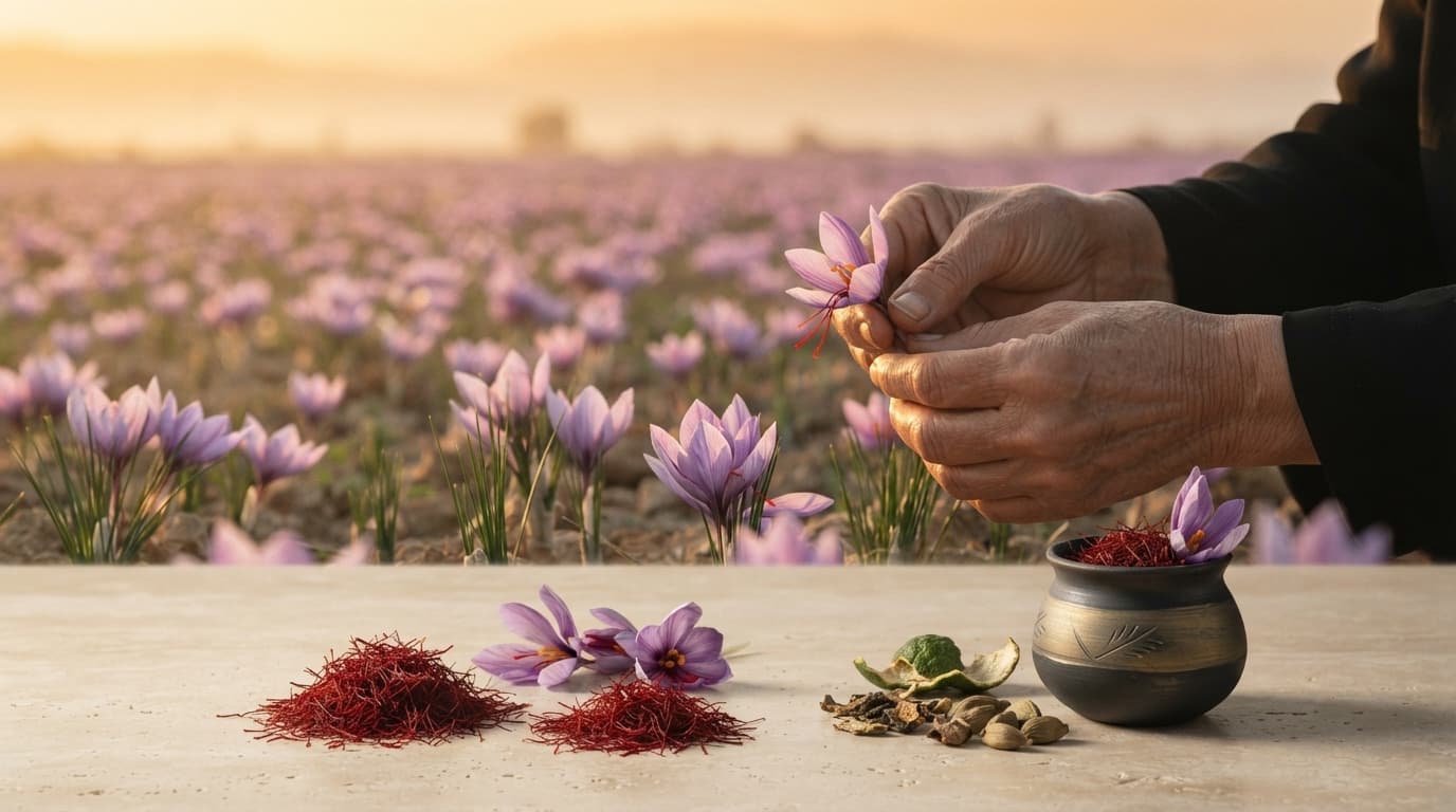 Saffron threads gathered after the dawn harvest
