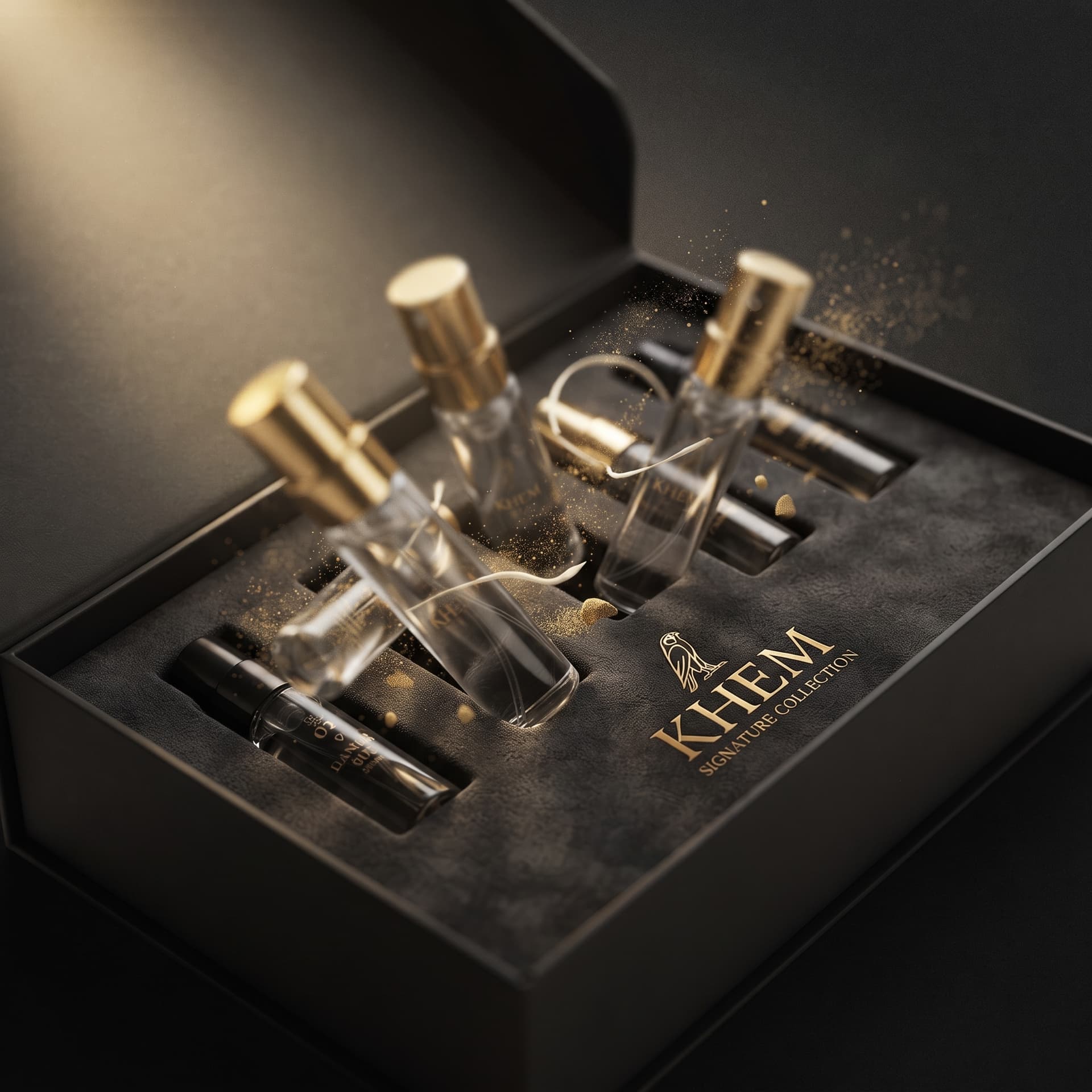 A row of small sample vials laid out on dark lacquered wood