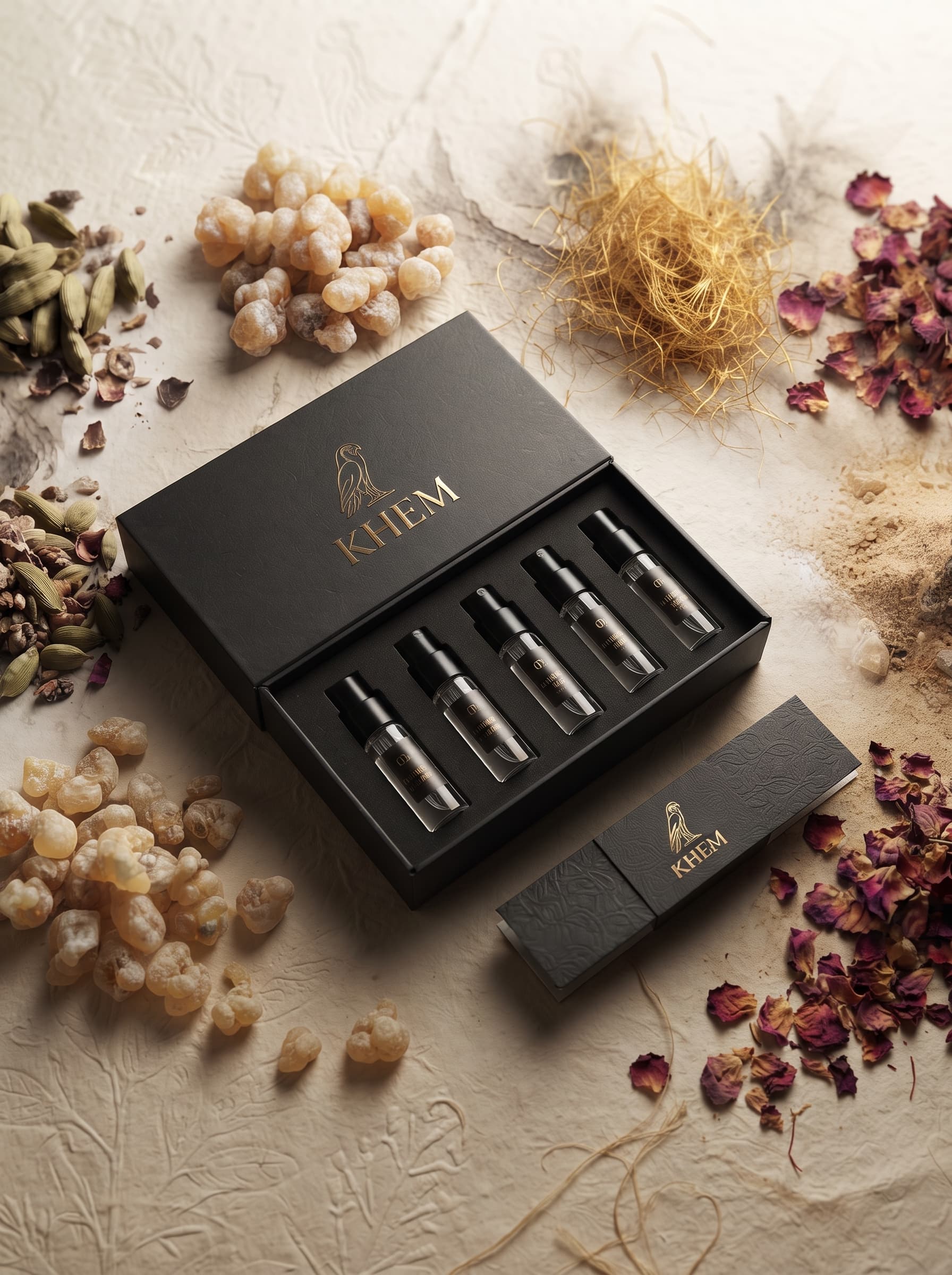 five discovery vials arranged in a shallow presentation tray