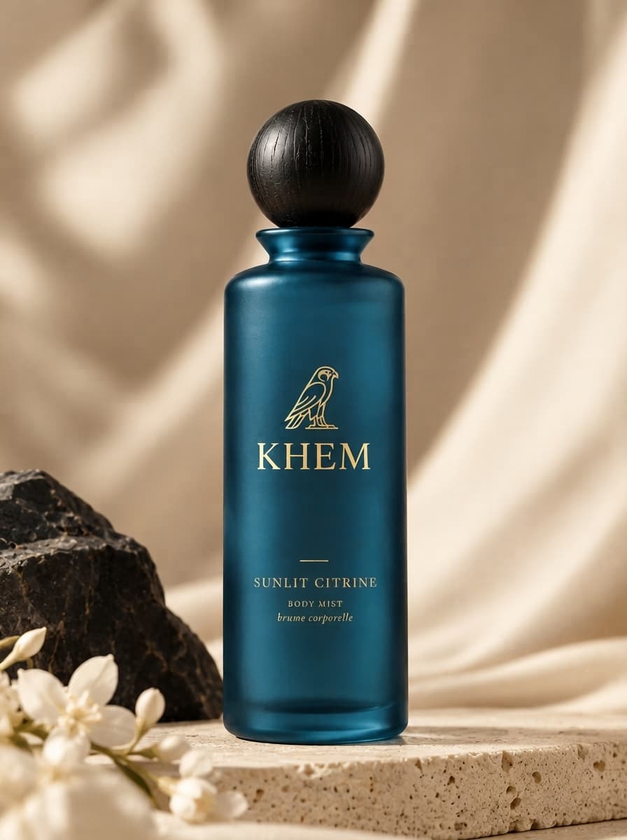 The SUNLIT CITRINE body mist bottle against a pale bathing chamber wall
