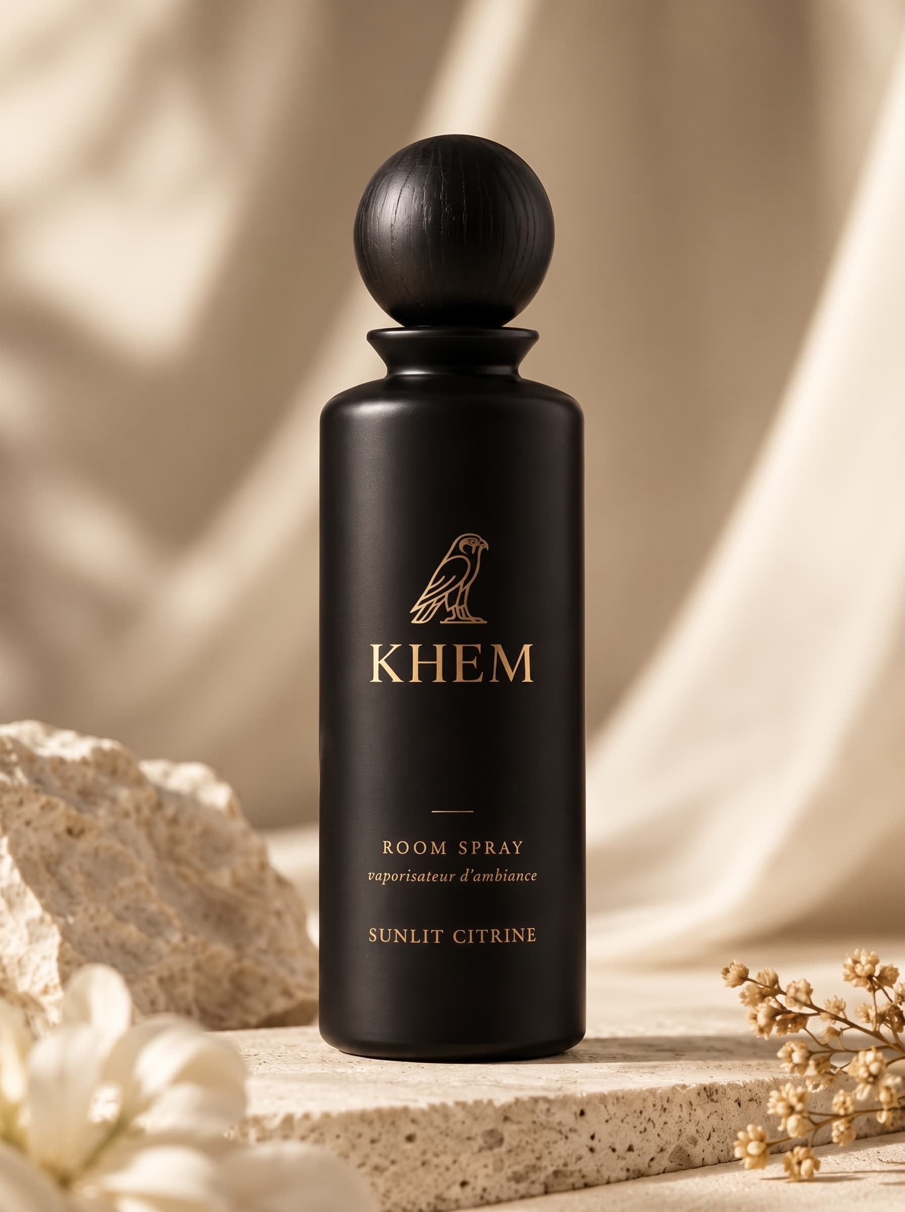 The SUNLIT CITRINE room spray bottle against pale sea-lit stone