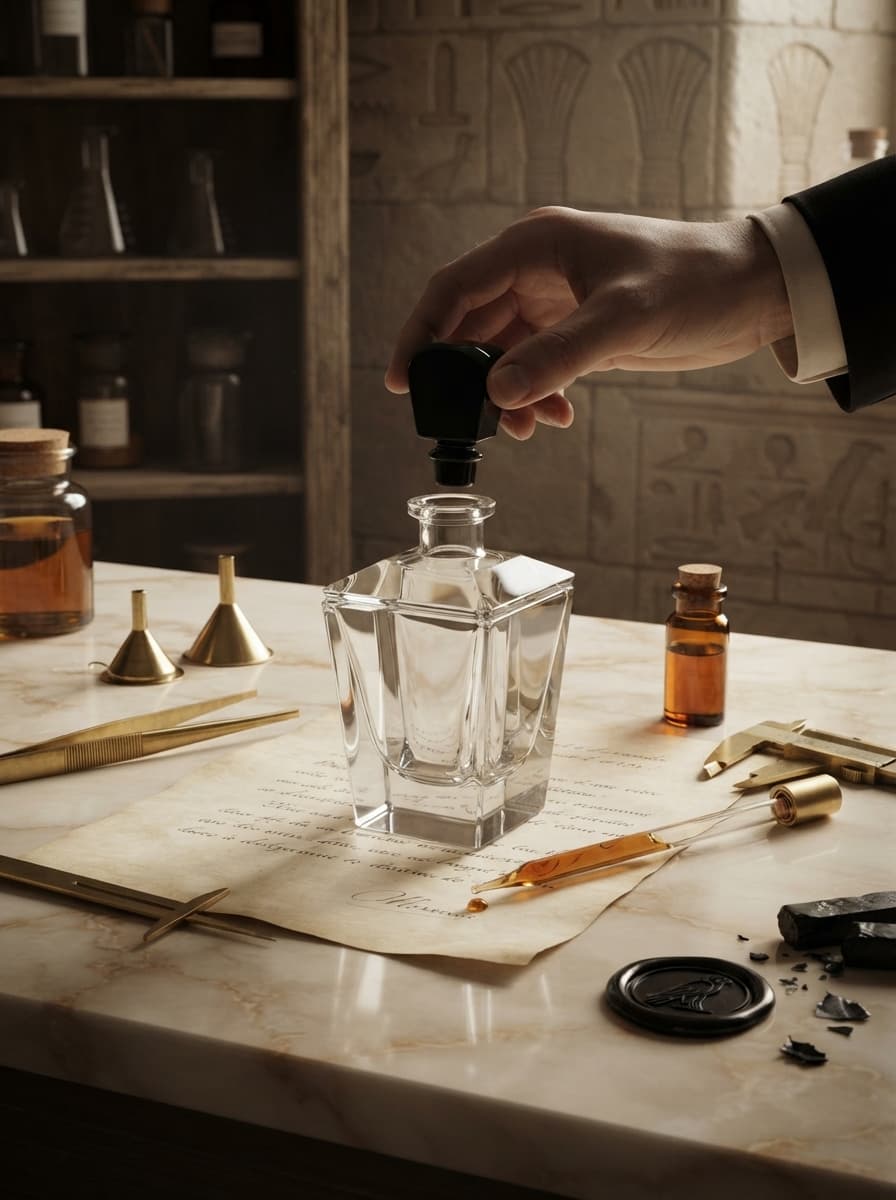 A bottle being filled by hand and fitted with its onyx stopper