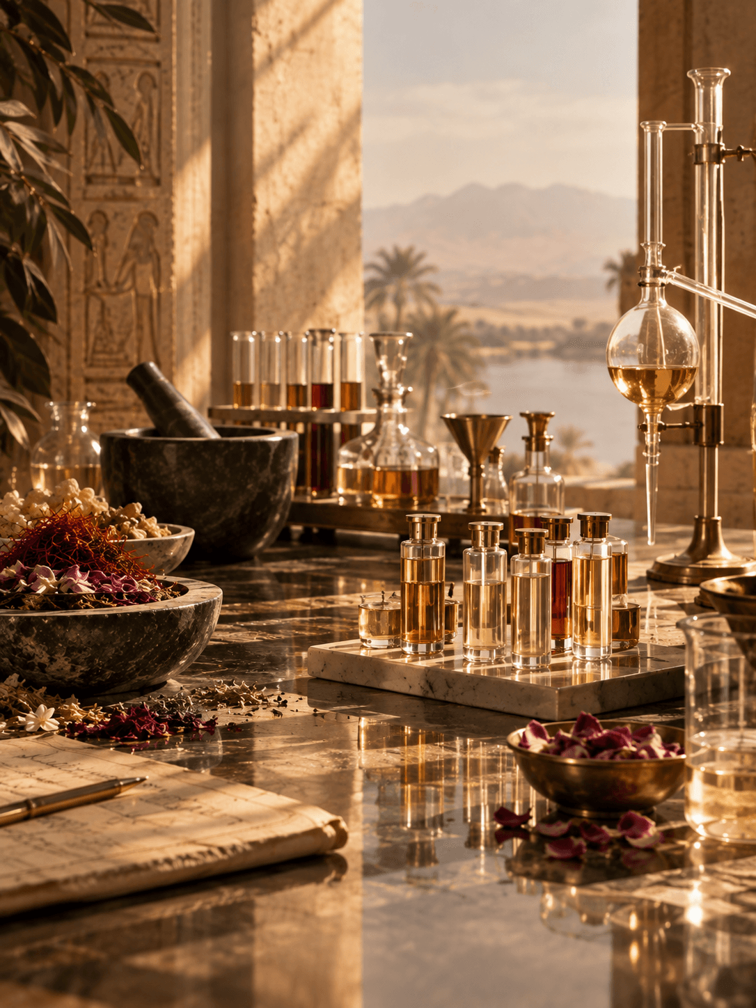 The perfumer's organ, ranked with trial vials mid-formulation
