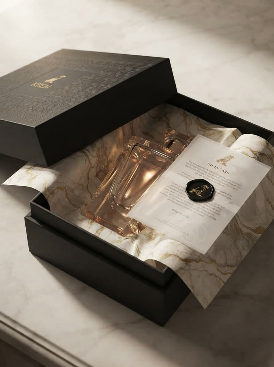 A lacquered black presentation box lined with hand-marbled tissue