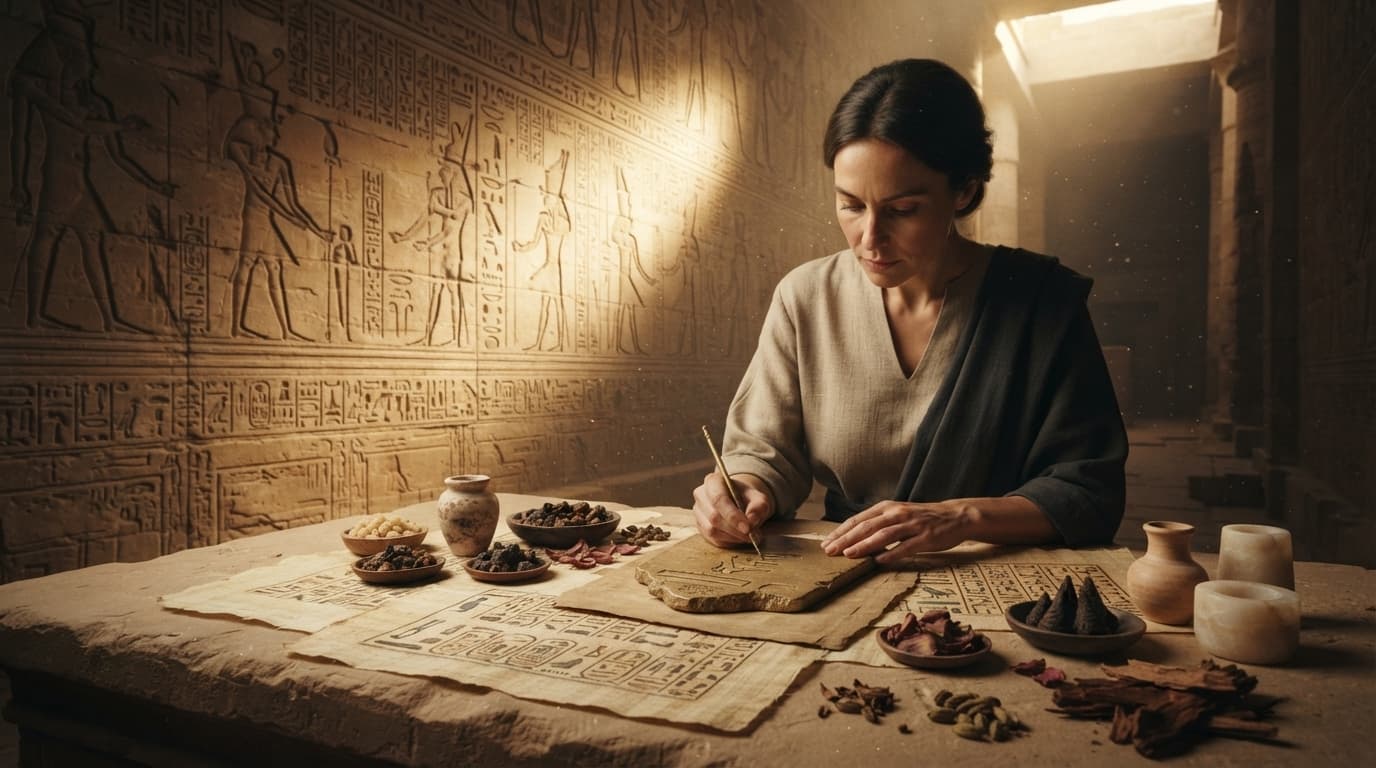 Carved hieroglyphs lit by low raking light