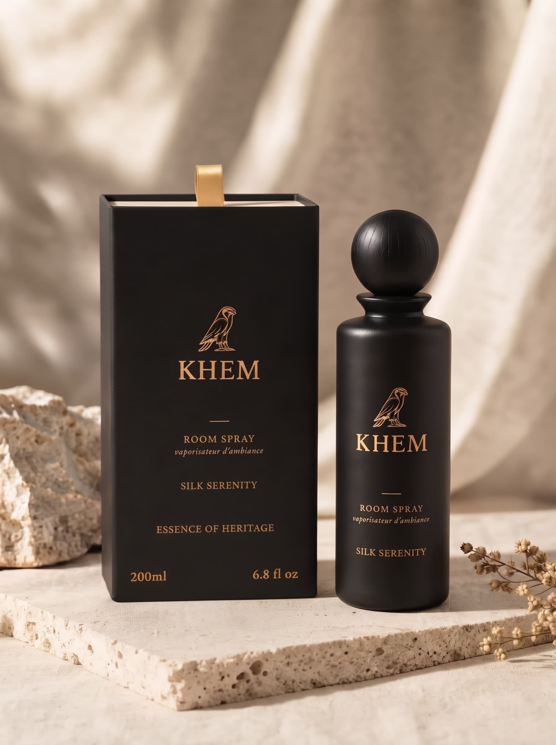 The SILK SERENITY room spray bottle throwing blue light across dark stone
