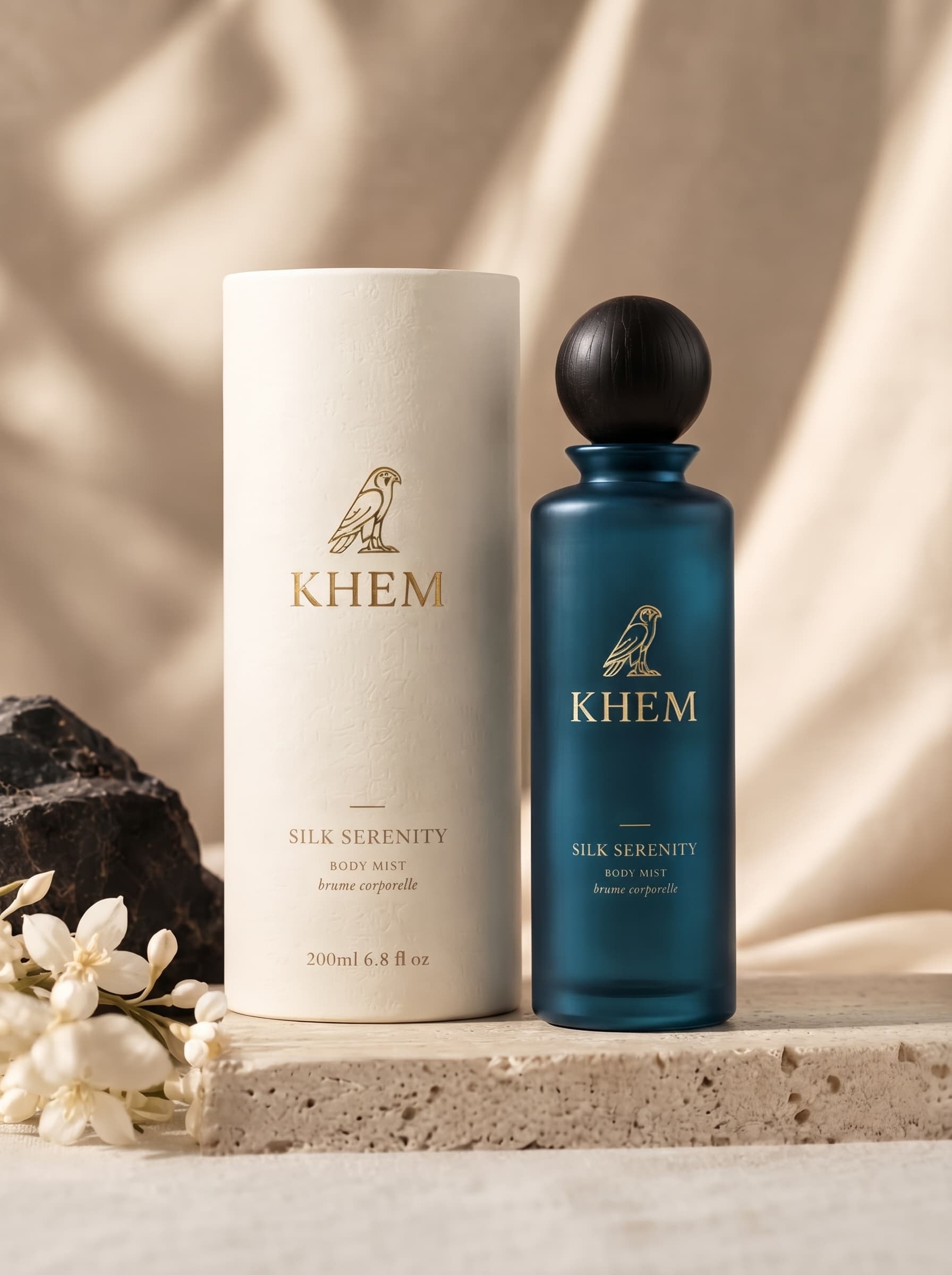 The SILK SERENITY body mist bottle against pale sea-lit stone